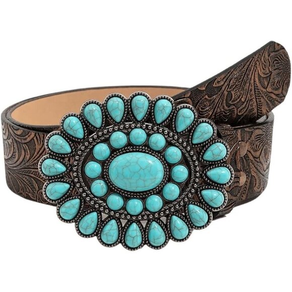 Accessories - Women's Faux Leather Western Belt Turquoise Buckle Casual Dress Accessory